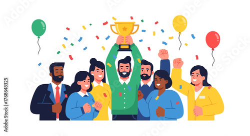 Triumphant Team Celebrating Victory and Success, Holding Award Trophy, Winning Celebration Moment