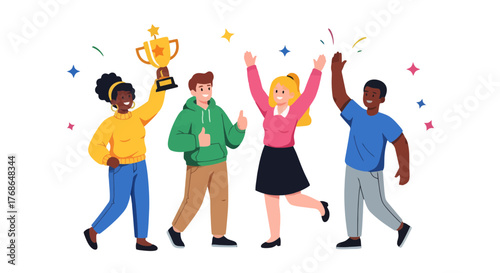 Triumphant Team Celebrating Victory With Trophy Under Festive Confetti Shower