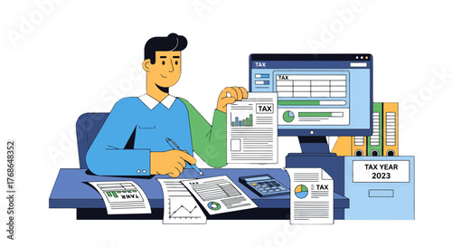 Tax Season Illustration: Financial Advisor Working On Tax Returns And Calculations