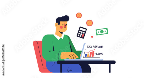 Tax Refund Process Depicted Using Illustration Of Man At Computer Enjoying Success
