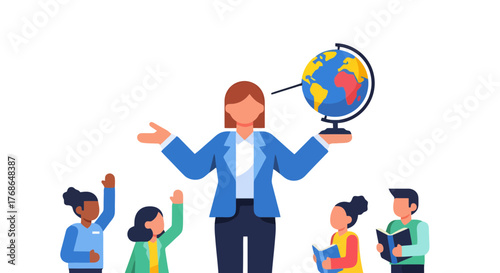 Teacher Educating Students About Globe and Culture in Modern Educational Illustration