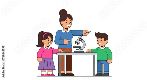 Teacher Directs Students To Microscope In Classroom For Scientific Discovery