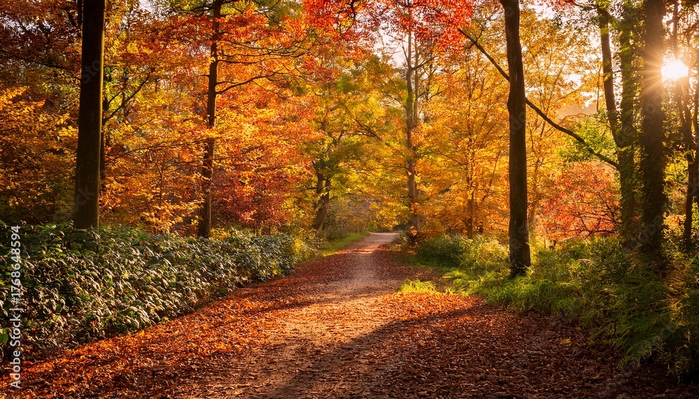 Obraz premium Warm Sunlit Woodland Path Surrounded By Vibrant Autumn Foliage