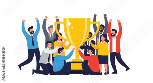 Team Celebrates Victory Holding Trophy Illustrating Success and Group Achievement