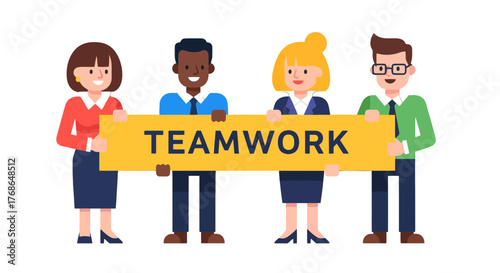 Unified Group Presenting Teamwork Concept With Illustrated Characters And Modern Aesthetic