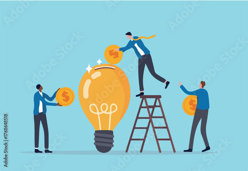 Fundraising idea, funding new innovative project, donation, investing or VC venture capital to support startup idea concept, business people donate or contribute fund raiser new lightbulb project.