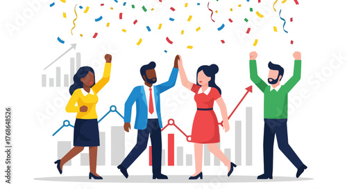 Team Celebrating Success with Confetti Over Dynamic Business Growth Achievement