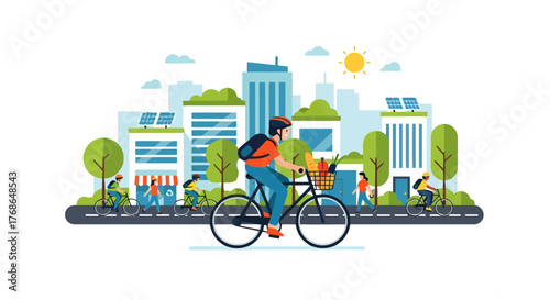 Urban Delivery Illustration Showing Bicycle Rider with a Basket in a Modern Community