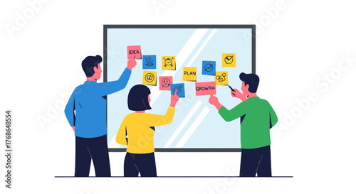 Team Collaboration Brainstorming Innovative Ideas Using Sticky Notes on Whiteboard