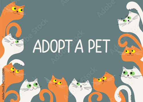 Funny, cheerful cartoon cats. Frame, banner with pets. Adopt homeless animals. Text, hand lettering. Help a homeless animal find a home.