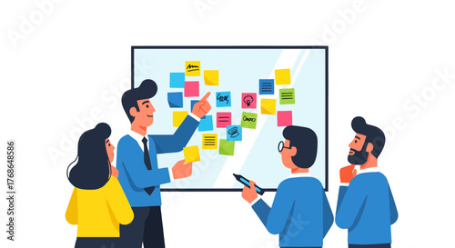 Team Discussing Strategy Planning Session With Sticky Notes and Whiteboard Display