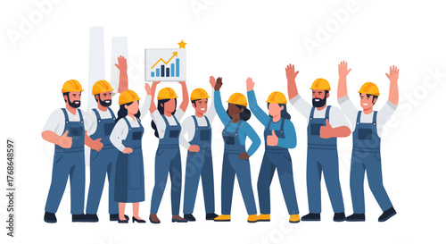 Team Of Construction Workers Celebrating Success and Progress with Statistical Data