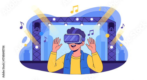 Virtual Reality Music Concert Experience Depicted in a Vibrant Cartoon Illustration