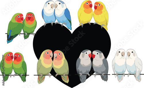 Lovebirds around heart, romantic illustration, colorful birds, vector design, companionship symbol, nature theme, silhouette icon, Valentine concept, affection art