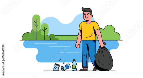 Volunteer Cleaning Up The Environment Near Lake With Trash and Recycle Bins Illustration