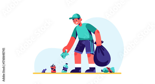 Volunteer Picking Up Litter For A Cleaner Environment With Trash Bags And Garbage