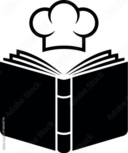 Black and white illustration of a cookbook with a chef hat on top of it