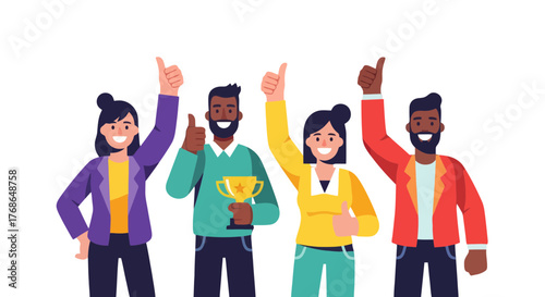 Team Of Winners Celebrating With Thumbs Up And A Trophy After Achieving Success