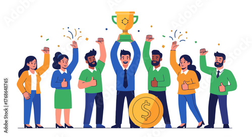 Team's Triumph: An Illustration Portraying Success, Achievement, and Celebration With Trophy