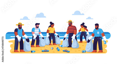 Volunteers Collecting Trash and Protecting Environmental Spaces in Clean Up Efforts Illustration