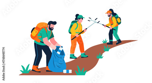 Volunteers Collaboratively Cleaning Up A Trail and Preserving Natural Environment