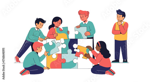 Teamwork And Collaboration: People Working Together To Solve A Puzzle Problem Successfully