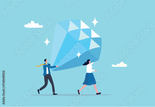 Core value or value proposition, CLV customer lifetime value or company valuation, profit or corporate worth concept, business people employees help carry big valuable diamond.