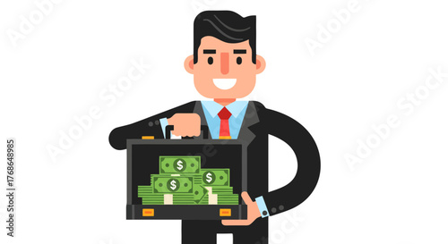 Wealthy Businessman Proudly Showcasing Case Overflowing With Currency And Success