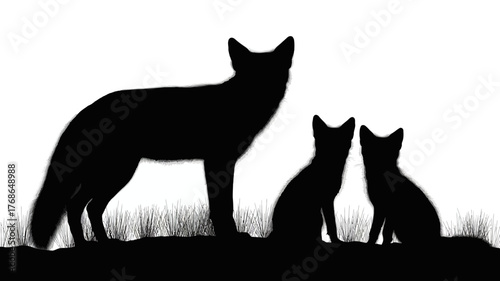 Silhouette of a coyote family including mother and two cubs standing in grass against a white background