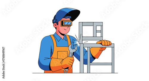 Welder Crafting a Metal Chair with Precision, Creating a Durable Industrial Design