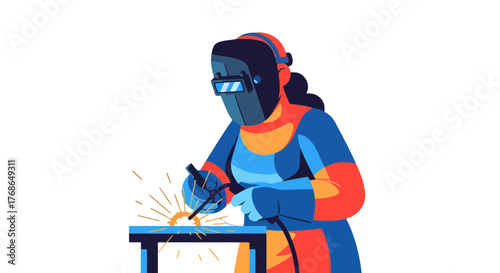 Welder Working, Creative Illustration Of Worker Welding Metal, Artwork In Vector Style