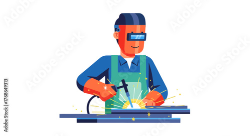 Welding Craftsman Working With Electric Arc on Steel Structure to Create Artwork