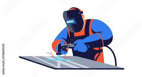 Welding Process Depicted in Stylized Vector Art with Detailed Professional Protection