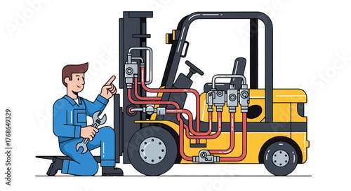 Technician Inspecting Industrial Machinery with Hydraulic System for Maintenance Purposes