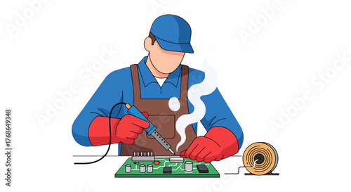 Technician Soldering Electronic Circuit Board With Safety Gloves In An Artistic Style
