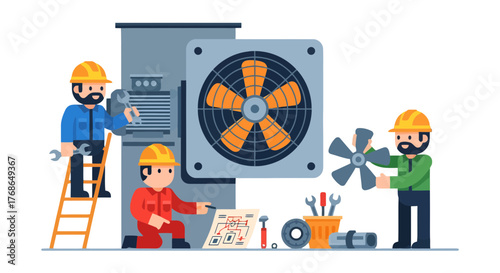 Technicians Collaborating on Ventilation System, Depicting Maintenance and Repair Operations