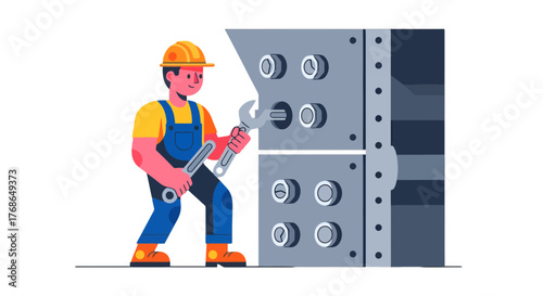 Technician Working With Wrenches on Mechanical Panel for Industrial Equipment