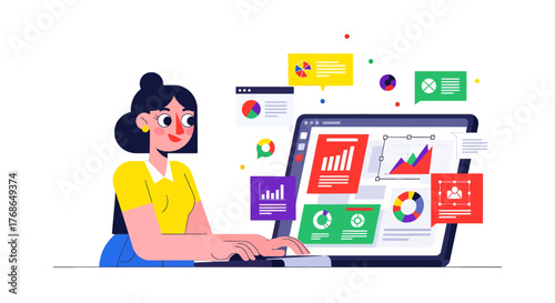 Woman Analyzing Data On Laptop Illustrative Graphics With Colorful Charts And Diagrams