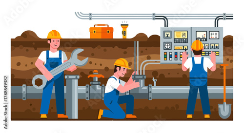 Technicians Working On Infrastructure Systems, Repairing Pipes And Controlling Equipment Operations