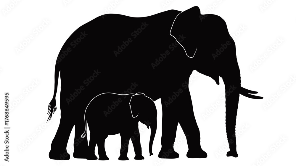 Fototapeta premium Elephant family silhouette mother and baby simple vector illustration isolated on white background