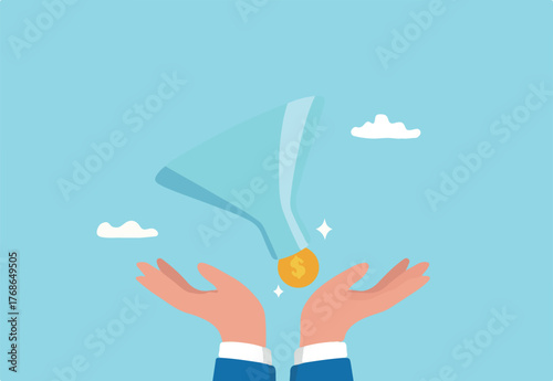 Lead generation gaining customers to convert to sales, marketing funnel conversion rate, advertising analysis concept, hand holding marketing funnel to pull potential customer and convert to sales