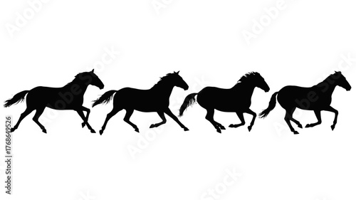 Four horses running black silhouette vector illustration isolated on white background representing freedom and power
