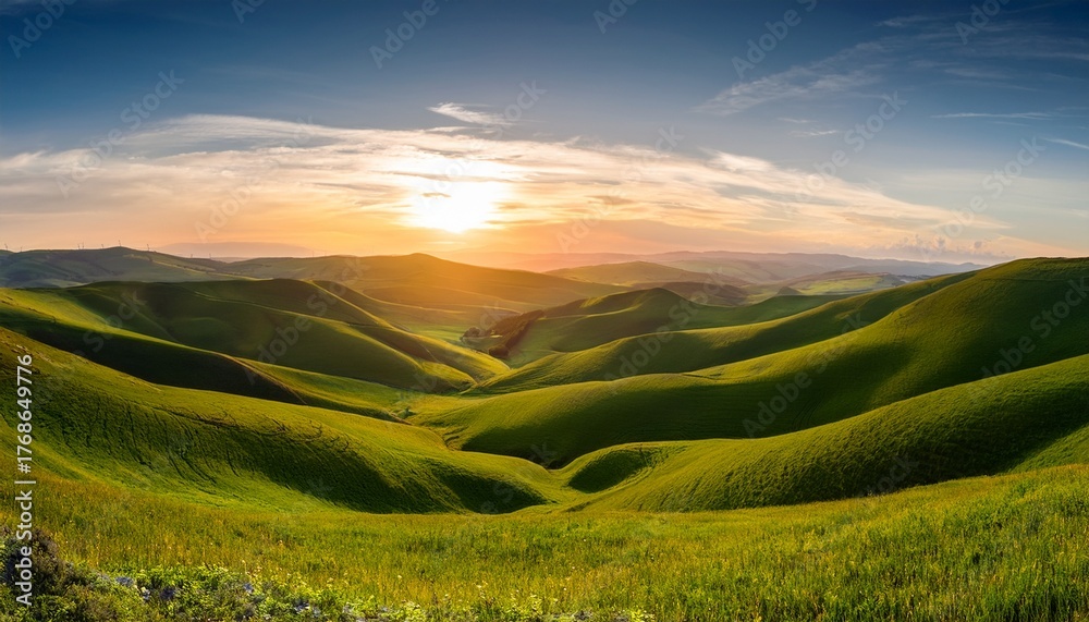 Fototapeta premium Breathtaking Sunrise Over Rolling Green Hills Nature Scenery Landscape Photography Tranquil Environment Wide Angle View