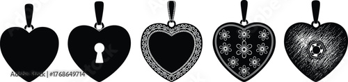 Heart pendant, romantic jewelry, keyhole design, floral pattern, gemstone accent, silhouette icon, vector illustration, fashion accessory, love symbol