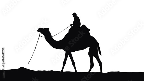 Silhouette of a man riding a camel desert travel adventure isolated on white background