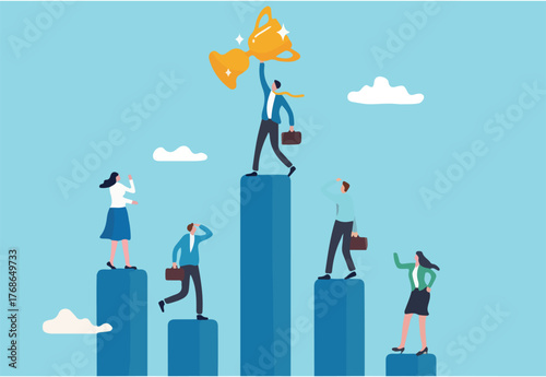 Business competition, performance comparison chart between company profit or employee, winner and loser in contest, achievement concept, business people compete on performance graph with one winner.