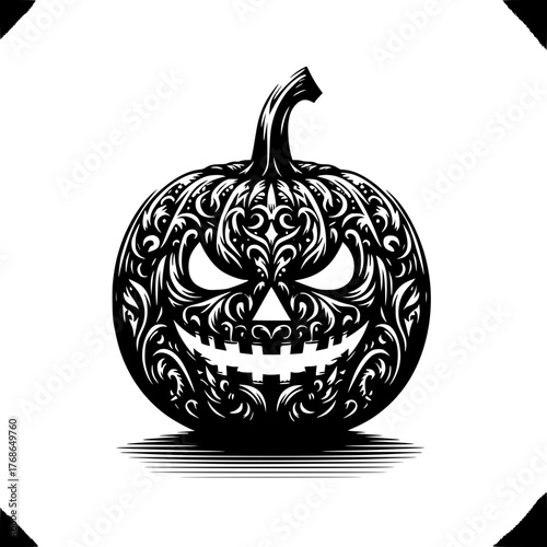 Intricate Halloween Pumpkin: A detailed illustration of a carved pumpkin, featuring a grinning face and ornamental patterns, embodying the spirit of Halloween.