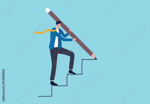 Business development successful, strategy to reach business target or career path achievement concept, smart businessman use huge pencil to draw rising up staircase and walk climbing up ladder