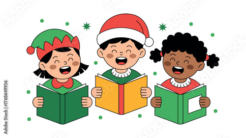 Three children in festive attire are singing carols from open books during Christmas.