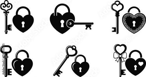 Heart padlock, love key, romantic lock, vintage silhouette, trust symbol, black and white, valentine icon, couple concept, secure affection, timeless design